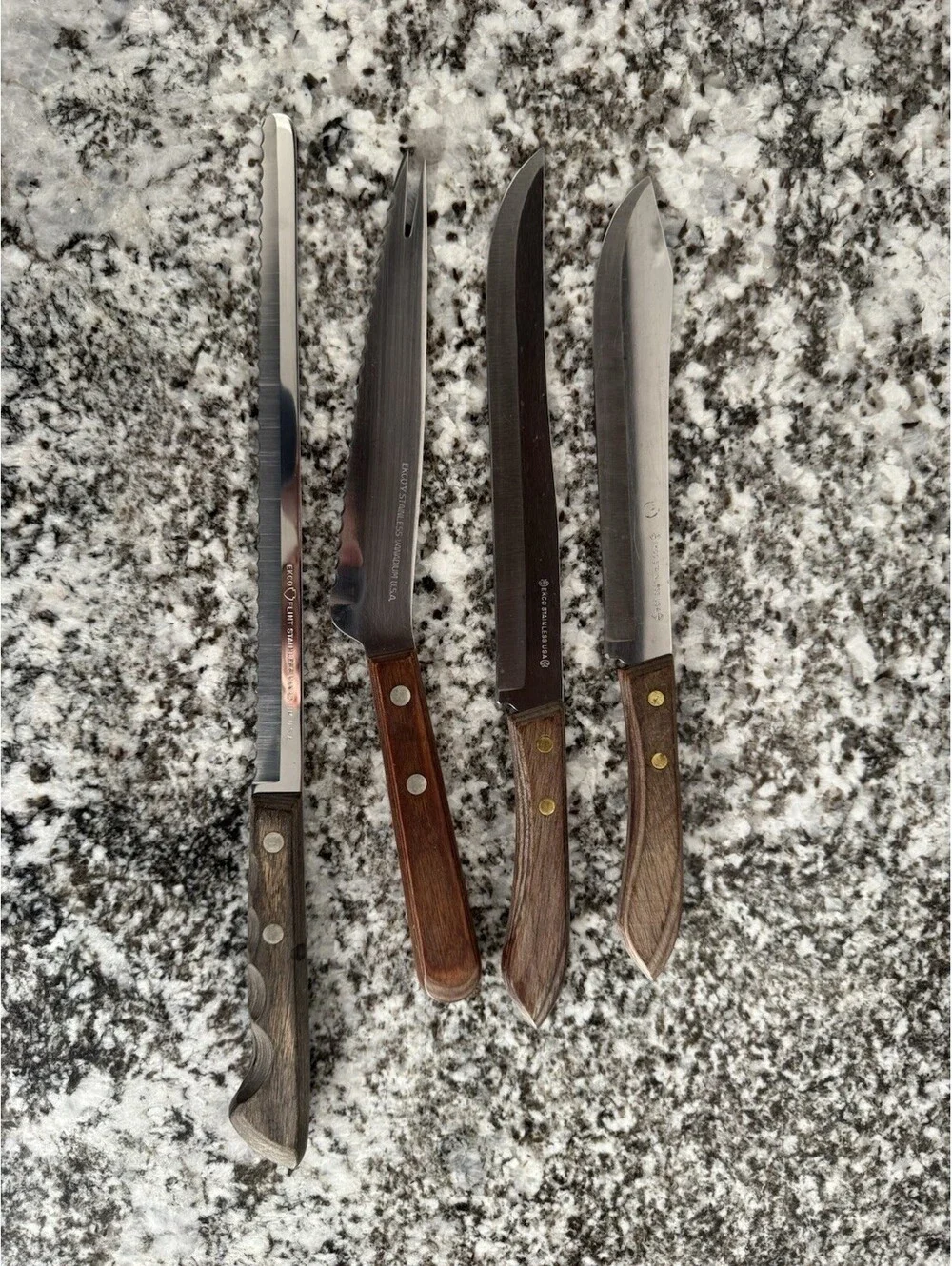 4 EKCO Flint Arrowhead Stainless Vanadium USA Chef, Bread & Pitchfork Vintage